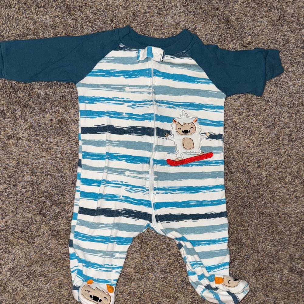 Koala Kids Teal and White Striped Footie with Bear Appliqué
